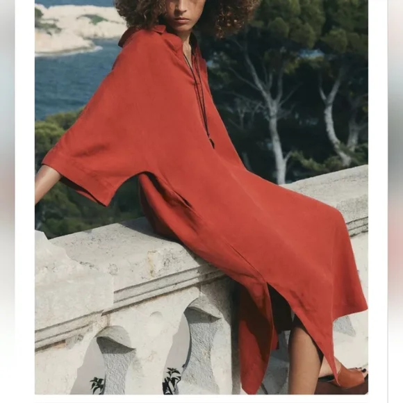 Zara Zw Collection 100% Linen Rust Red Oversized Tunic Dress - Picture 2 of 11
